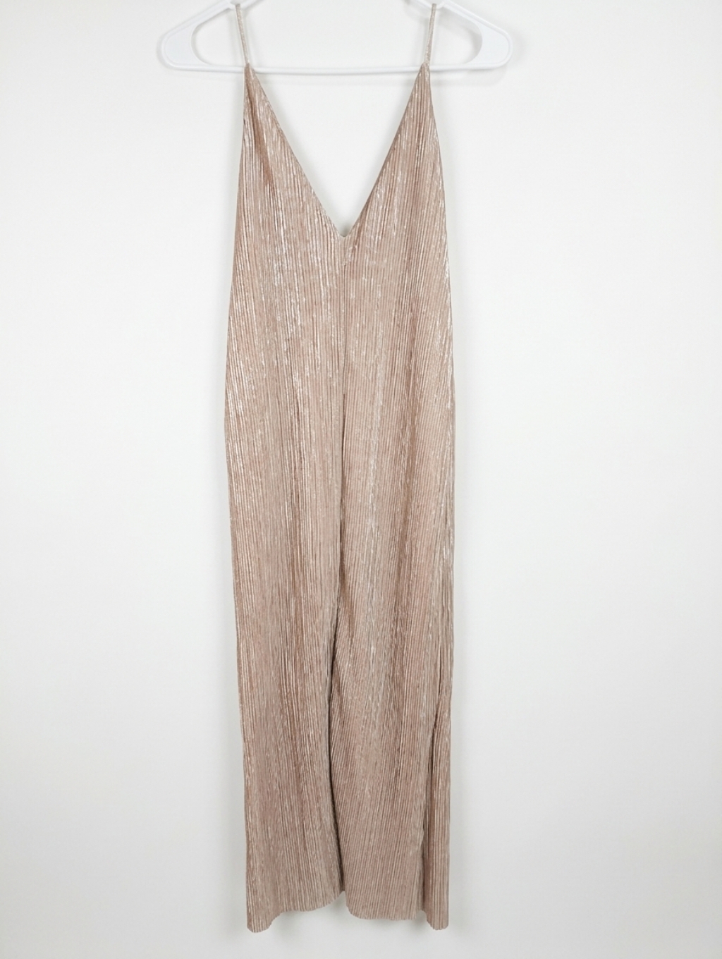 Paper Crane Beige Metallic Pleated Midi Slip Dress